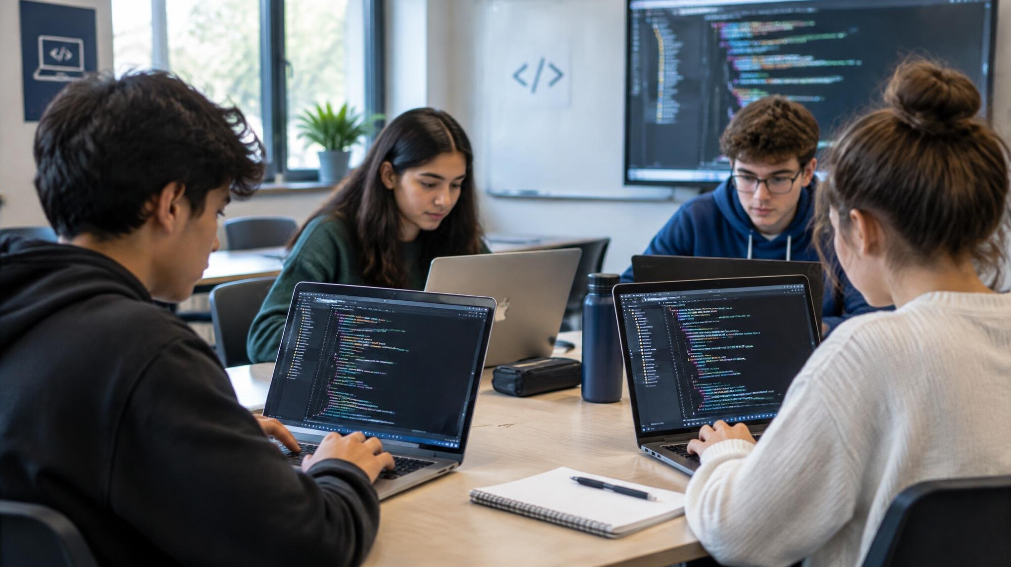 students coding on laptops